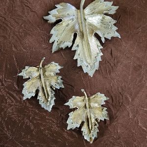SARAH COVENTRY SILVER GOLD LEAF Set BROOCH CLIP-ON EARRINGS PIN Vintage